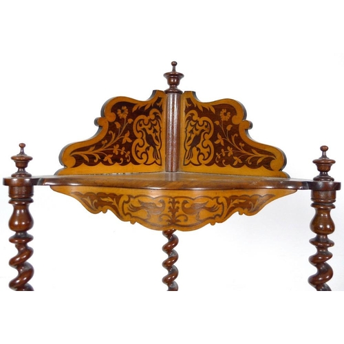 957 - A Victorian inlaid mahogany whatnot, the four tiers supported by barley twist legs, scrolling satinw... 