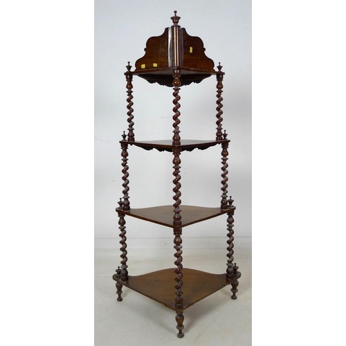 957 - A Victorian inlaid mahogany whatnot, the four tiers supported by barley twist legs, scrolling satinw... 