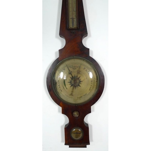 962 - A 19th century mahogany and inlaid wheel barometer, with damp/dry dial, thermometer with silvered sc... 