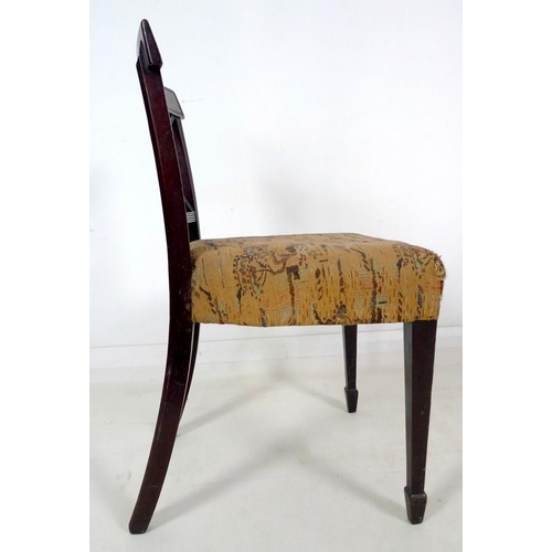 968 - A set of six late George III mahogany dining chairs, with reeded decoration, X shaped back, curved r... 