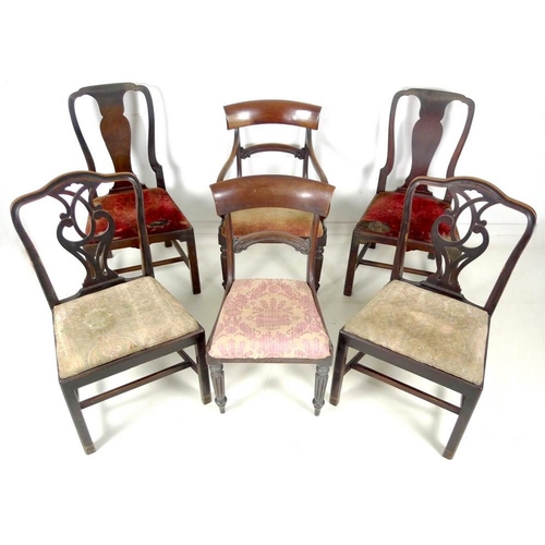 977 - A group of six assorted 19th century chairs, including a pair of Georgian dining chairs with pierced... 