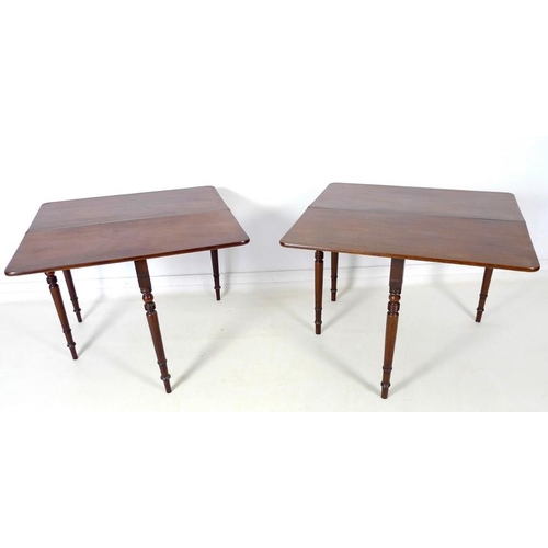 978 - A pair of Regency mahogany tea tables, the D form fold over surfaces with moulded edges, above plain... 