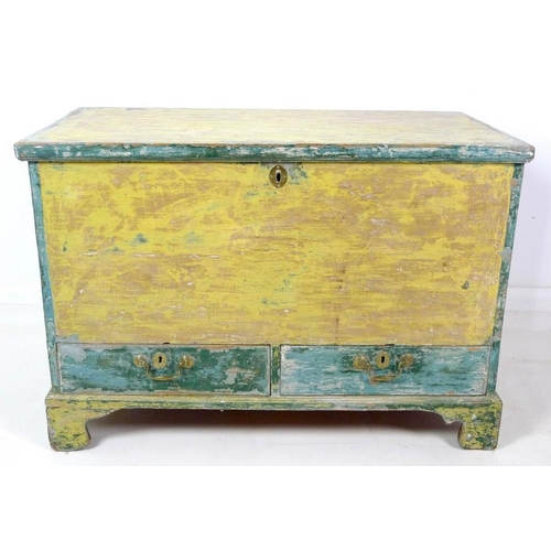 980 - A Victorian painted mule chest, yellow green distressed finish, with two drawers, brass swan neck ha... 