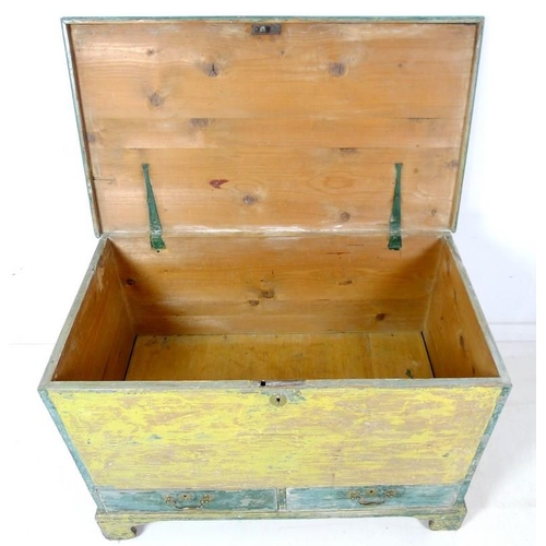 980 - A Victorian painted mule chest, yellow green distressed finish, with two drawers, brass swan neck ha... 