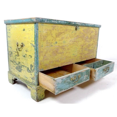 980 - A Victorian painted mule chest, yellow green distressed finish, with two drawers, brass swan neck ha... 