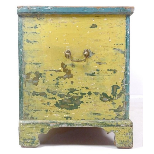 980 - A Victorian painted mule chest, yellow green distressed finish, with two drawers, brass swan neck ha... 