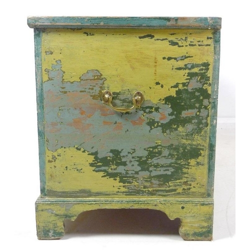 980 - A Victorian painted mule chest, yellow green distressed finish, with two drawers, brass swan neck ha... 