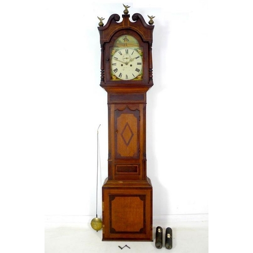 989 - A 19th century oak and inlaid long case clock, the painted arched dial signed Jms Taylor, decorated ... 