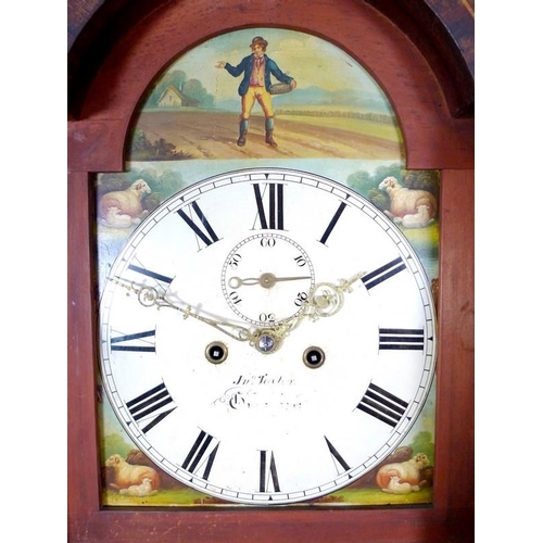 989 - A 19th century oak and inlaid long case clock, the painted arched dial signed Jms Taylor, decorated ... 