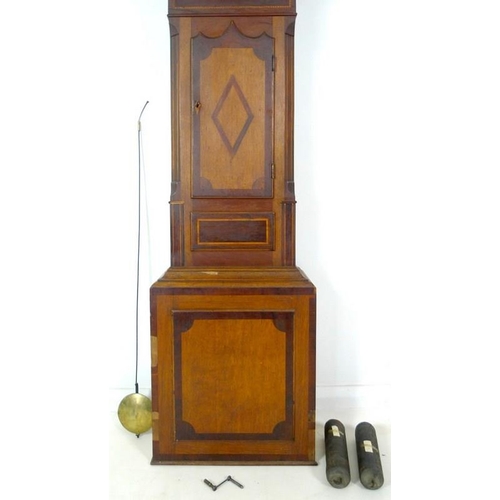 989 - A 19th century oak and inlaid long case clock, the painted arched dial signed Jms Taylor, decorated ... 