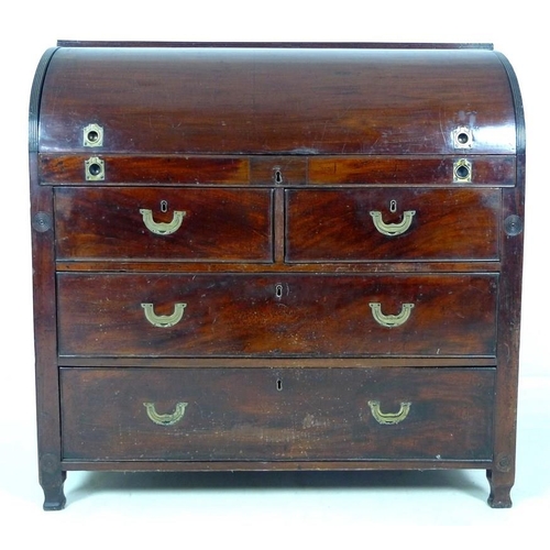 996 - A Regency mahogany military campaign desk, circa 1820, with drum top opening to reveal a fitted inte... 