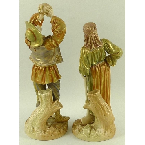 505 - A pair of Royal Worcester shot enamel porcelain figures, modelled as Romanian peasants, circa 1895, ... 