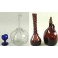 A collection of 19th century and later glass, comprising an amber glass decanter with a plated neck ... 