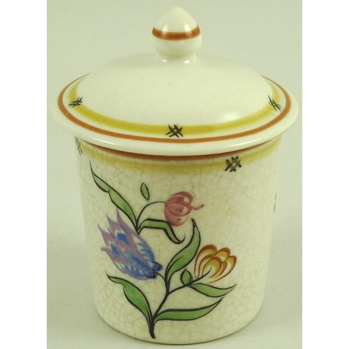 543 - A collection of Poole pottery, including jam pot with cover, decorated by Ruth Gough, 1934, 10cm, to... 