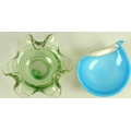 A hand blown Murano cased blue, white and gold glass bonbon dish, with partial fold over rim and twi... 