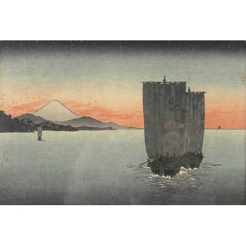 564 - A collection of late 19th century Japanese wood block prints, two unsigned depicting sailboats in a ... 