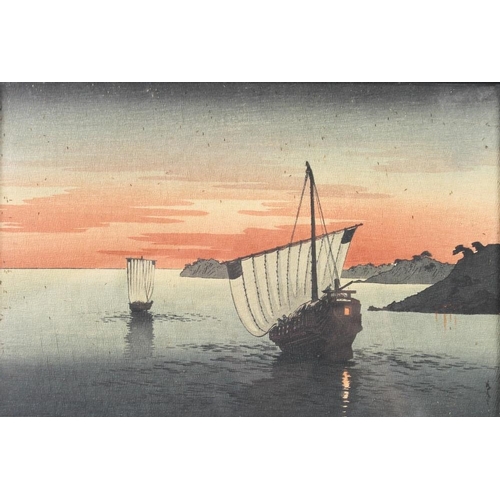 564 - A collection of late 19th century Japanese wood block prints, two unsigned depicting sailboats in a ... 