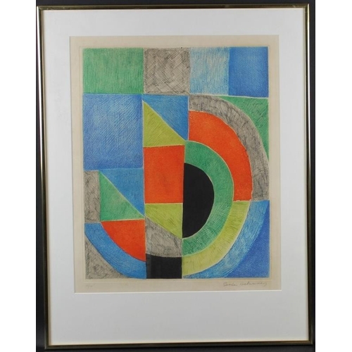 565 - Sonia Delaunay (Ukranian-French, 1885-1979): an untitled abstract etching and aquatint on woven pape... 