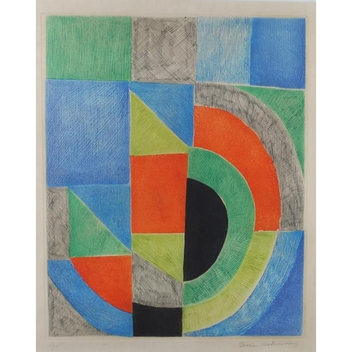 565 - Sonia Delaunay (Ukranian-French, 1885-1979): an untitled abstract etching and aquatint on woven pape... 