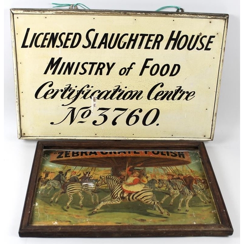 570 - Advertising: a vintage 'Licensed Slaughter House Ministry of Food' advertising sign, hand painted on... 