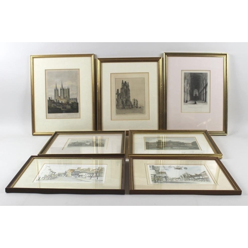 574 - A collection of four 19th century engravings, some hand coloured, depicting local cathedral scenes i... 