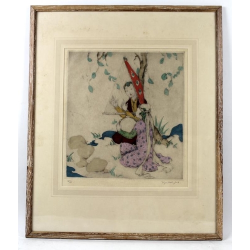 576 - Elyse Ashe Lord R. I. (British, 1885-1971): 'Music', with Oriental figures, a hand coloured etching,... 