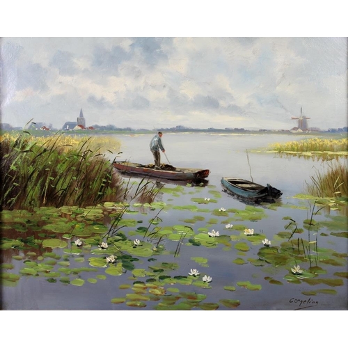 613 - Congeling?: an early 20th century study of a fenland waterway, with reeds and a man on a punt in the... 