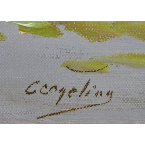 613 - Congeling?: an early 20th century study of a fenland waterway, with reeds and a man on a punt in the... 