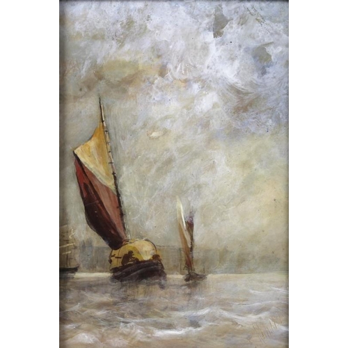 616 - D. C. Randall (British, early 20th century): a study of sailboats off a coastline, with cliffs in th... 