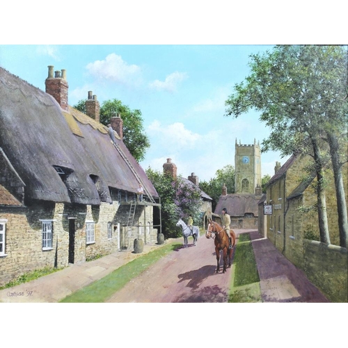 618 - Ceasar Smith (British, 20th century): Fotheringhay High Street with thatchers working, with two hors... 