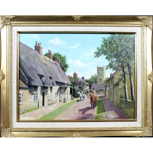 618 - Ceasar Smith (British, 20th century): Fotheringhay High Street with thatchers working, with two hors... 