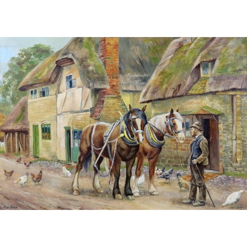 620 - Ray Ross (British, 20th century): Shire Horses, led by the farmer through a village lane, with thatc... 