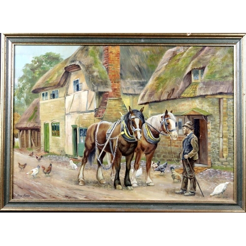 620 - Ray Ross (British, 20th century): Shire Horses, led by the farmer through a village lane, with thatc... 