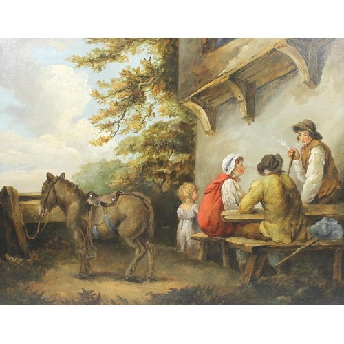 622 - Manner of George Morland (British, 1763-1804): seated figures and a pony in a courtyard, oil on canv... 