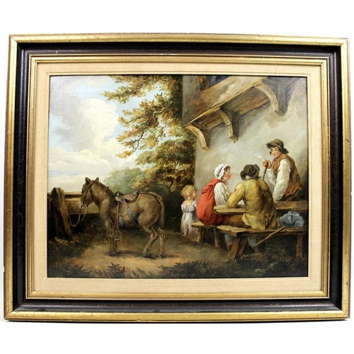 622 - Manner of George Morland (British, 1763-1804): seated figures and a pony in a courtyard, oil on canv... 