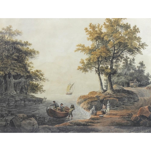 623 - English School, 19th century: a river scene with a sailing ship, small boats unloading fish into bas... 