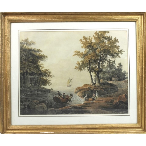 623 - English School, 19th century: a river scene with a sailing ship, small boats unloading fish into bas... 