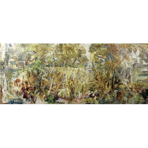 628 - A 20th century landscape scene, depicting trees and a field of hay ricks, heavy impasto, oil on boar... 