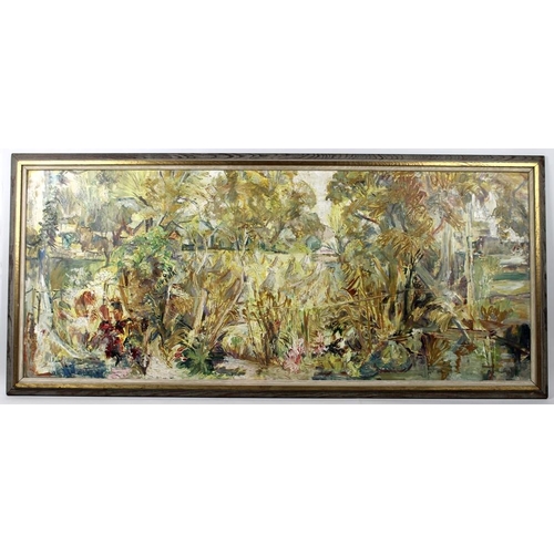 628 - A 20th century landscape scene, depicting trees and a field of hay ricks, heavy impasto, oil on boar... 