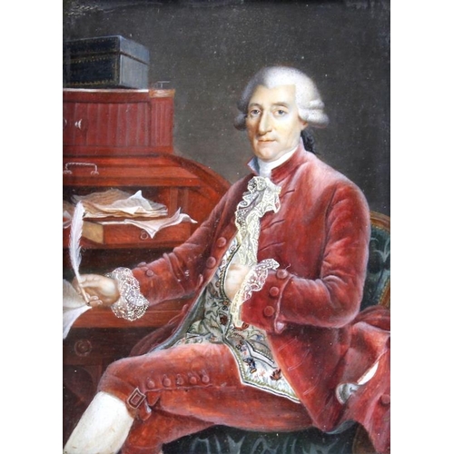 629 - An 18th century portrait miniature of a seated gentleman in a red velvet suit beside his desk, weari... 