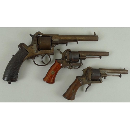 643 - A Belgian sidehammer pin fire revolver, with saw butt, proof marked 2764 over HG, together with two ... 