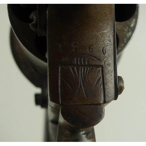 643 - A Belgian sidehammer pin fire revolver, with saw butt, proof marked 2764 over HG, together with two ... 