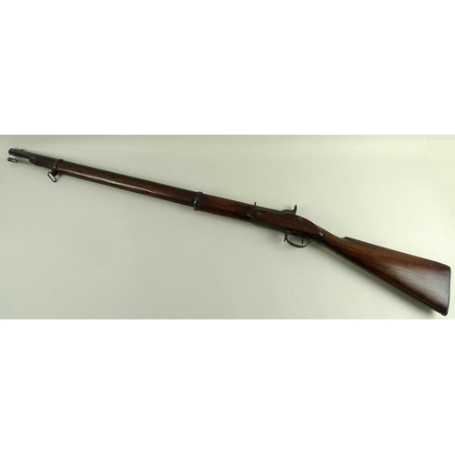 645 - A mid 19th century rifle, complete with ramrod and loops, barrel length 68cm, 125cm overall.