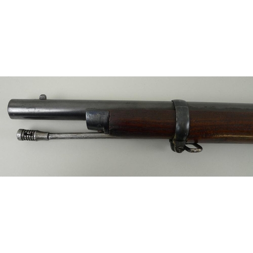 645 - A mid 19th century rifle, complete with ramrod and loops, barrel length 68cm, 125cm overall.