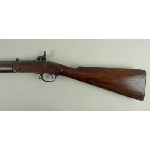 645 - A mid 19th century rifle, complete with ramrod and loops, barrel length 68cm, 125cm overall.