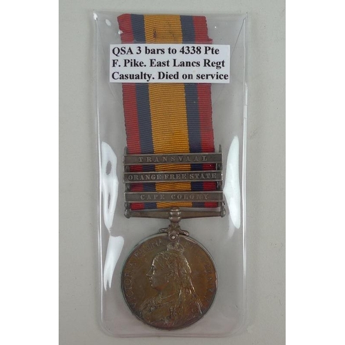 651 - A Queens South Africa medal to Private F Pike 4338 East Lancashire Regiment, with three bars, Transv... 