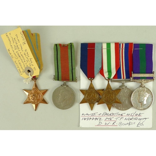 663 - WWII Service Medals with Palestine bar, Pte. T. P. Northcott DWR, The Africa Star stamped verso 5073... 