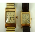 Two 9ct gold cased Record gentleman's tank wristwatches, presentation engraved, with rectangular cre... 