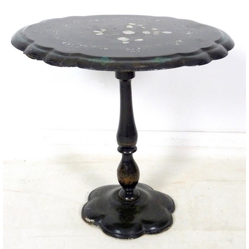 932 - A Victorian papier mache occasional table, ebonised with mother of pearl inlay and gilt decoration, ... 