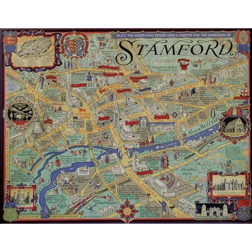 567 - After Wilfrid Rene Wood (1888-1976): an 'Illustrated Street Map of Stamford', coloured lithograph, s... 